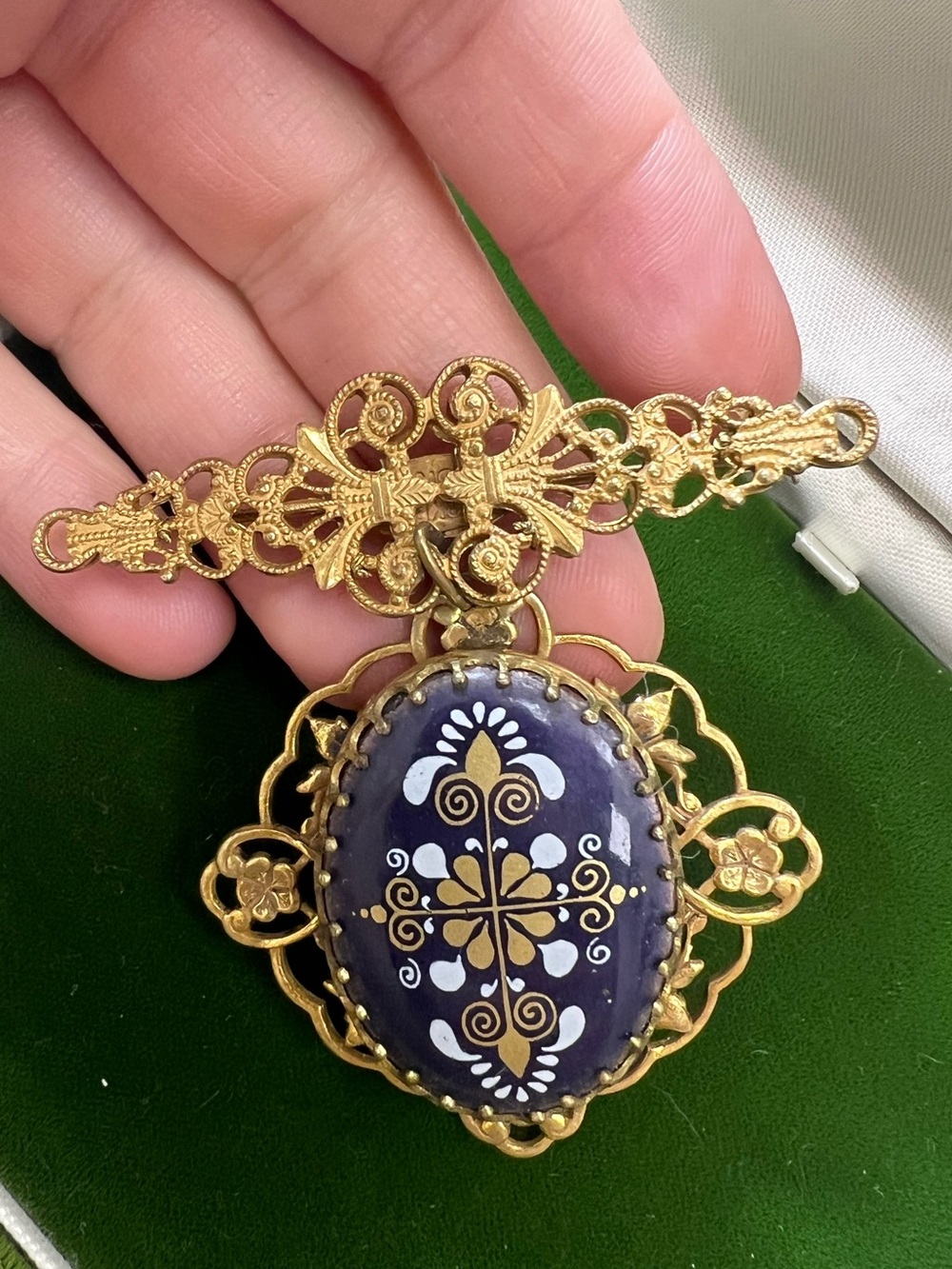 Vintage Miriam Haskell Gold Tone Filigree Blue Enamel Pendant Brooch